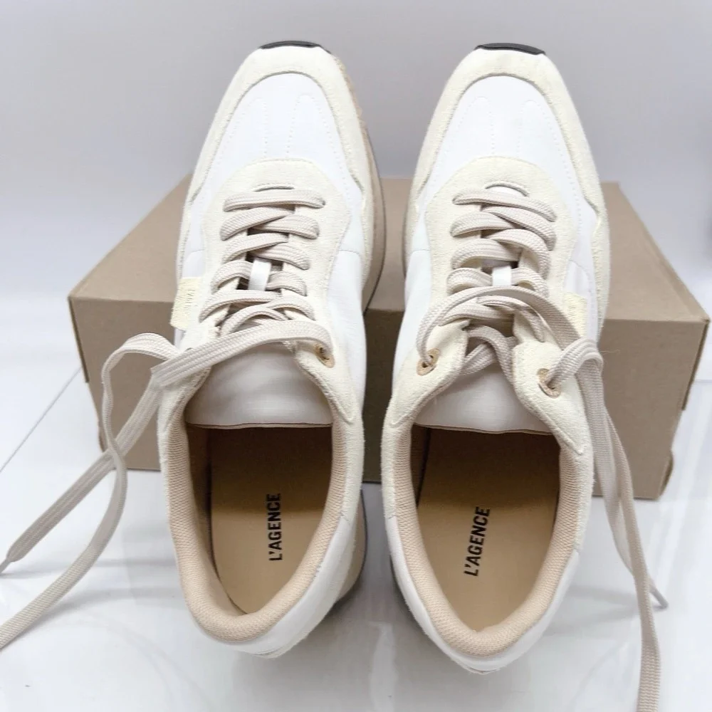 L'Agance Ivone Women's Platform Lace Up Sneakers Casual Shoes White Beige US 10
